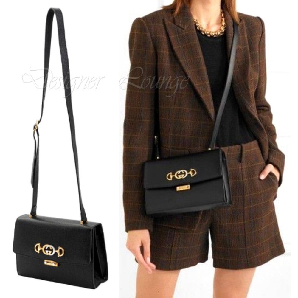 NEW GUCCI Zumi Interlocking G Horsebit Black Grain Leather Small Crossbody Bag - Picture 7 of 15